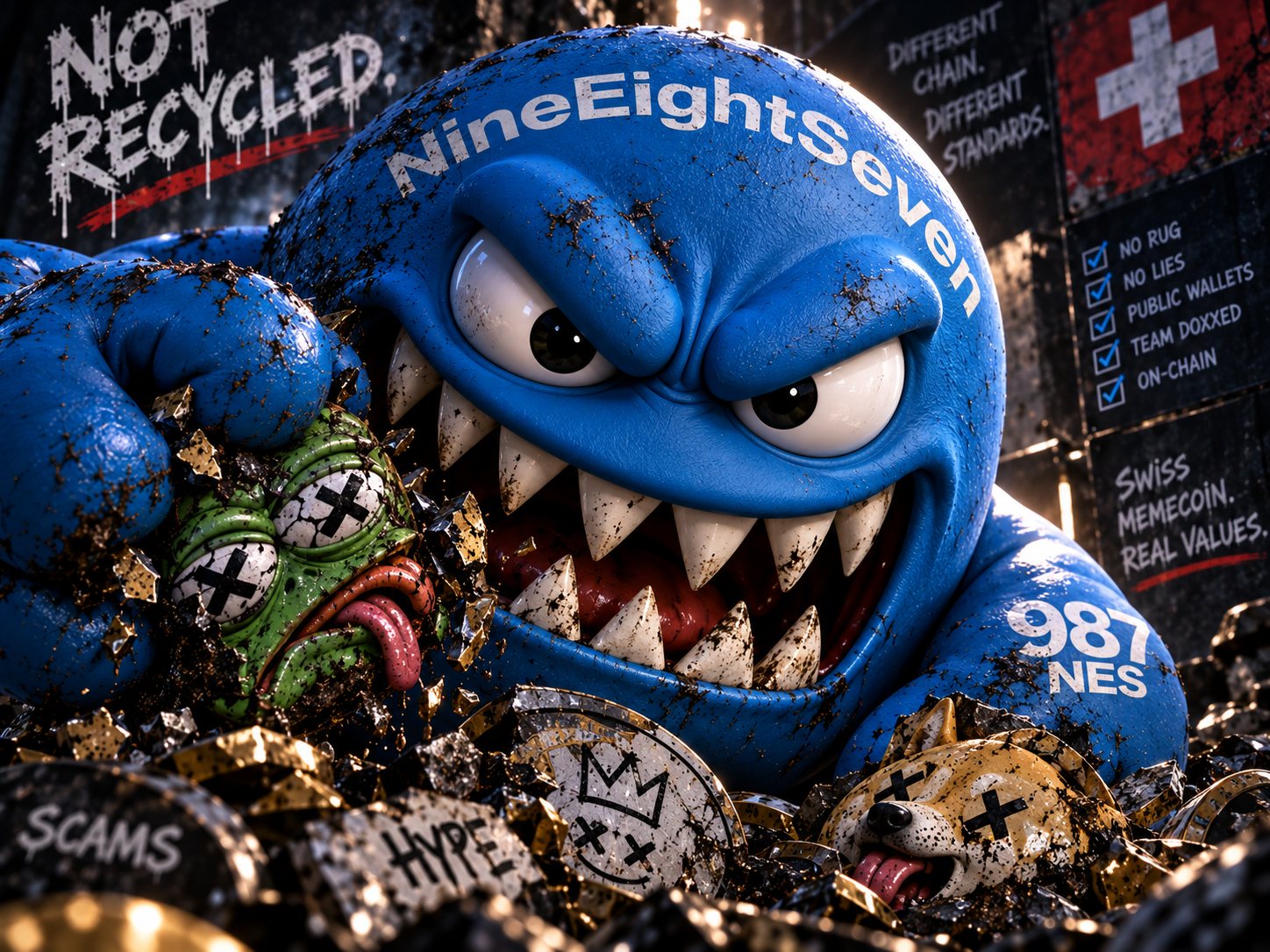 Close-up of DZÔ, the 987NES blue monster, baring sharp teeth while crushing a green frog memecoin