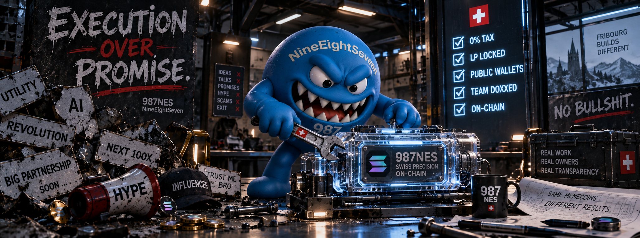 DZÔ, the 987NES blue monster, at work in a Fribourg workshop: Execution over promise. 0% tax, LP locked, public wallets, team doxxed, on-chain.