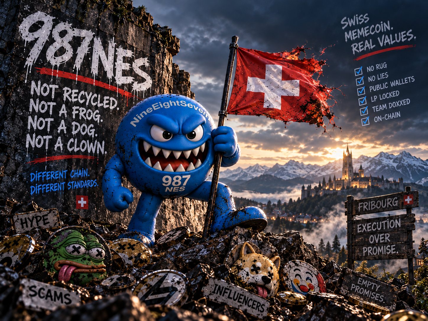 DZÔ, the 987NES blue monster, planting the Swiss flag on a pile of recycled memecoins above Fribourg: not recycled, not a frog, not a dog, not a clown