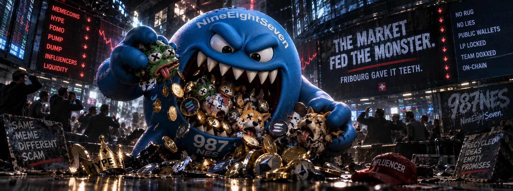 DZÔ, the 987NES blue monster, devouring memecoins on a trading floor beside the slogan The market fed the monster, Fribourg gave it teeth
