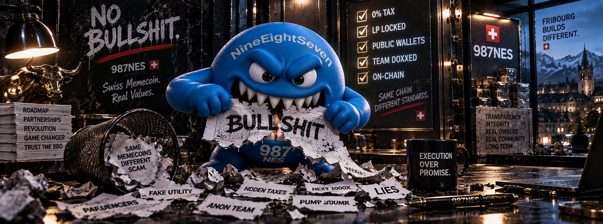 DZÔ, the 987NES blue monster, tearing up memecoin bullshit: no bullshit, Swiss memecoin, real values. Fribourg builds different.